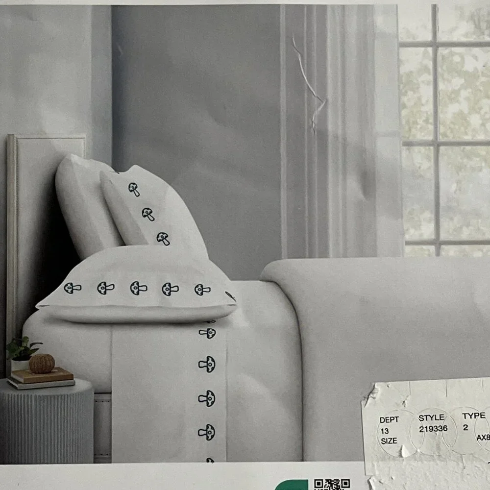 London Kaye Twin Sheet Set Green Mushroom Embroidered White Cotton 70s Retro‎